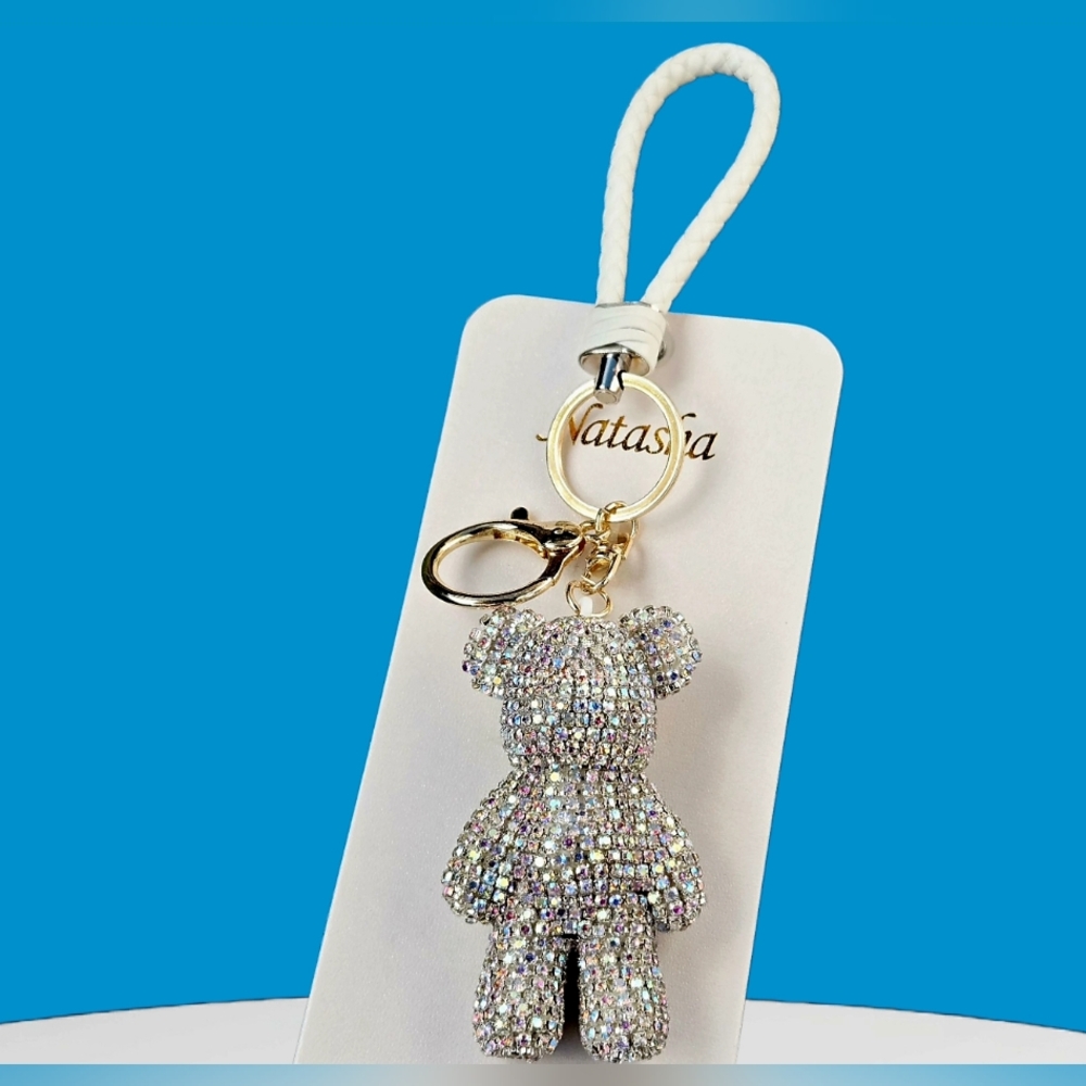 NEW Glittering Teddy Bear Bag Charm Keychain 9"L New With Tags